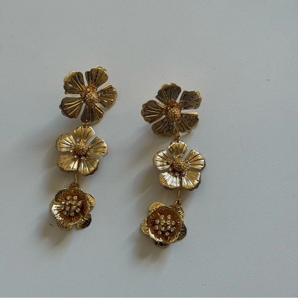 Gold Floral Drop Earrings - Picture 2 of 5